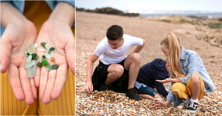 children collecting sea glass at Seaham, Durham Heritage Coast